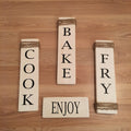 Rustic Set of 4 White Wooden Kitchen Signs Cook / Fry / Bake / Enjoy