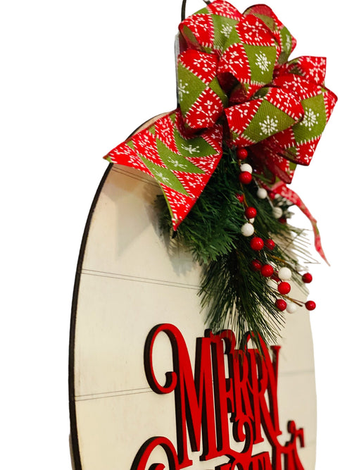 18" Round - Wooden Merry Christmas - Ornament - Winter Door Sign - Wreath