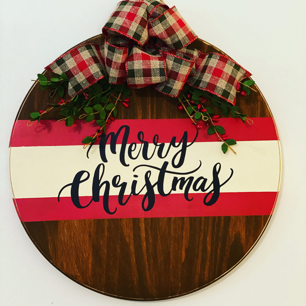 18" Round Wooden Merry Christmas / Split Brown Red Off White  / Winter Door Sign / Wreath