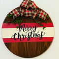 18" Round Wooden Merry Christmas / Split Brown Red Off White  / Winter Door Sign / Wreath