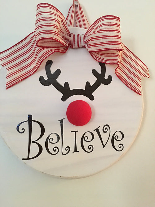 12" Round White Wooden Rudolph Believe Christmas Door Sign / Wreath