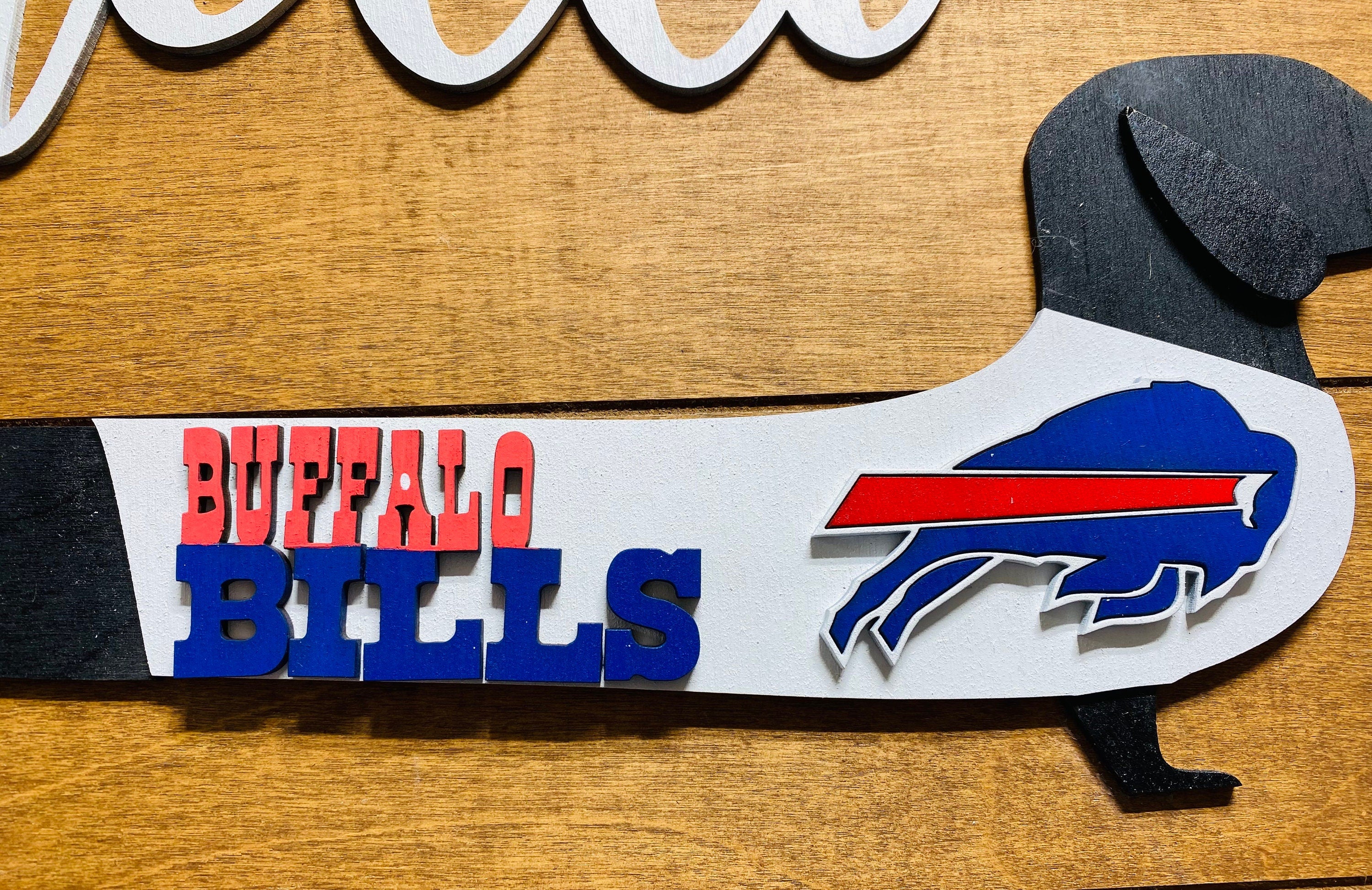 Add on Outfit for Dachshund Doxie - Buffalo Bills - Football - Weiner Dog - Large Round Wooden Shiplap Door Hanger / Wreath / Sign