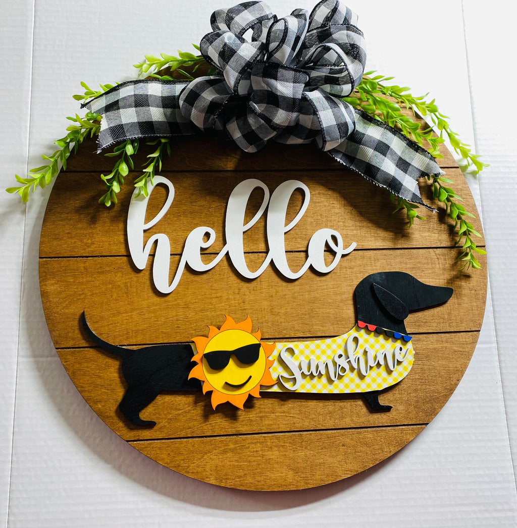 Add on Outfit for Dachshund Doxie - Hello Sunshine - Weiner Dog - Large Round Wooden Shiplap Door Hanger / Wreath / Sign
