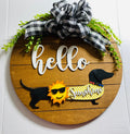 Add on Outfit for Dachshund Doxie - Hello Sunshine - Weiner Dog - Large Round Wooden Shiplap Door Hanger / Wreath / Sign