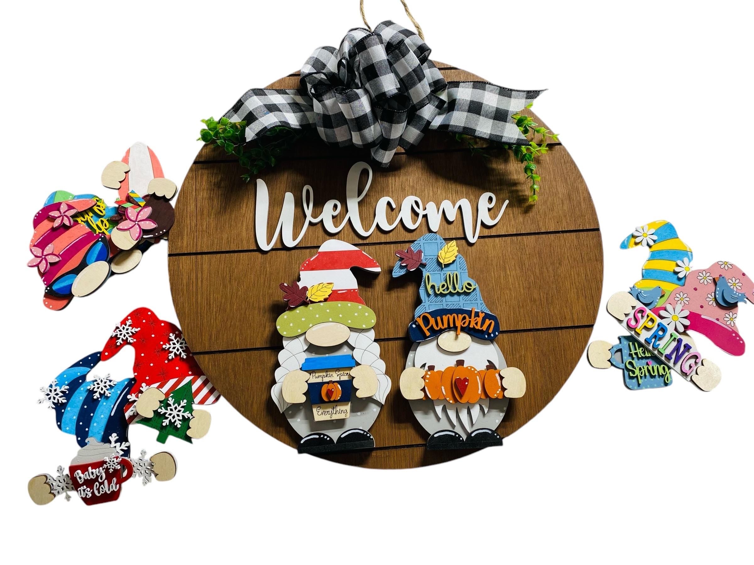 Welcome - Interchangeable Four Seasons - Boy Girl Gnomes - Large Round Wooden Door Hanger / Wreath / Sign