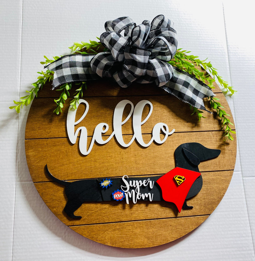 Add on Outfit for Dachshund Doxie - Corgi -Super Mom - Mother’s Mothers Day - Large Round Wooden Shiplap Door Hanger / Wreath / Sign