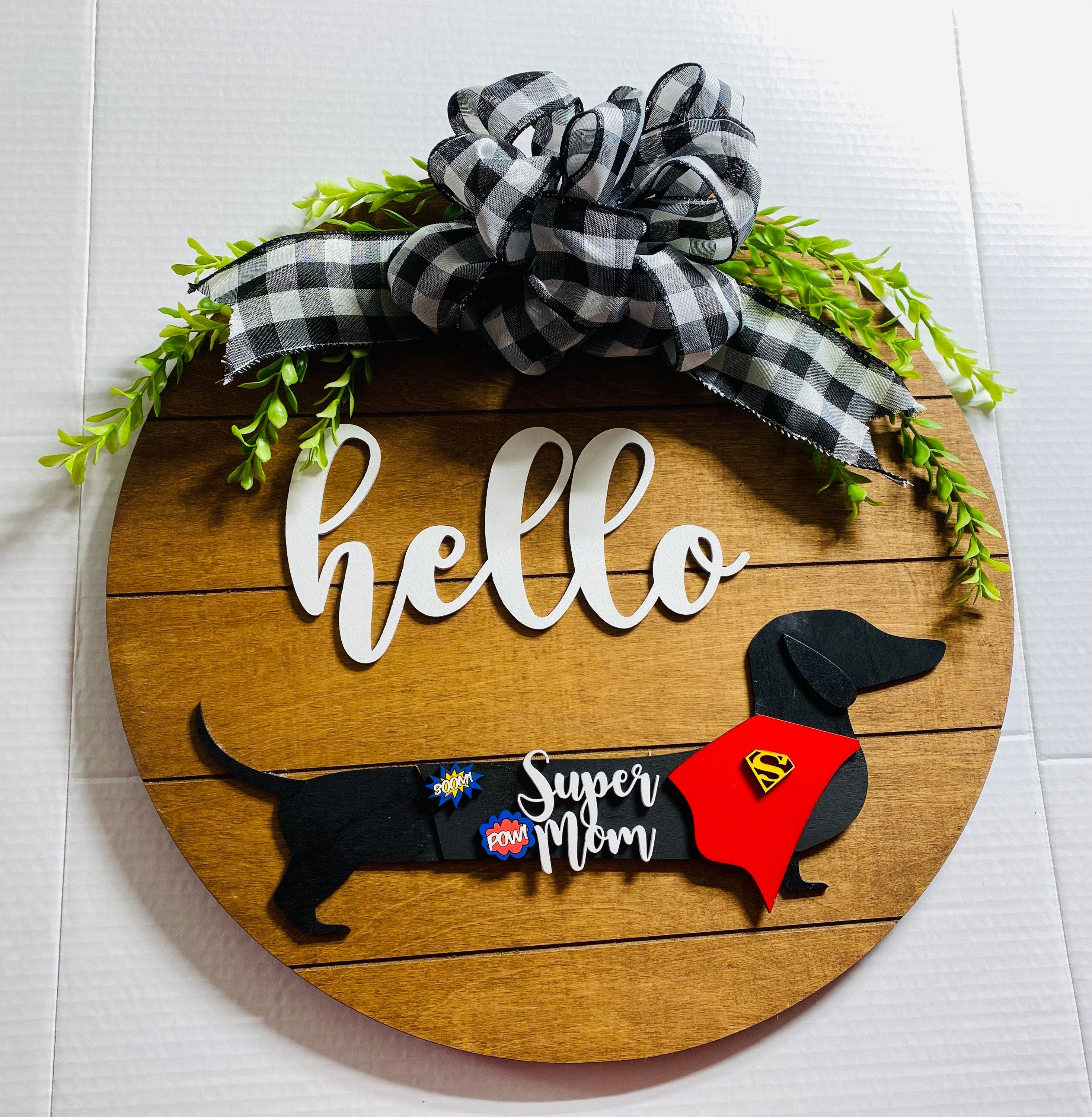 Add on Outfit for Dachshund Doxie - Corgi -Super Mom - Mother’s Mothers Day - Large Round Wooden Shiplap Door Hanger / Wreath / Sign