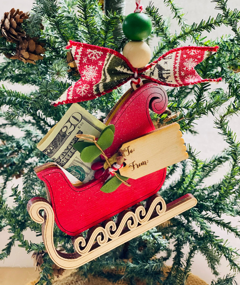 Sleigh Sled -  Christmas Money or Gift Card Holder - Wooden Ornament
