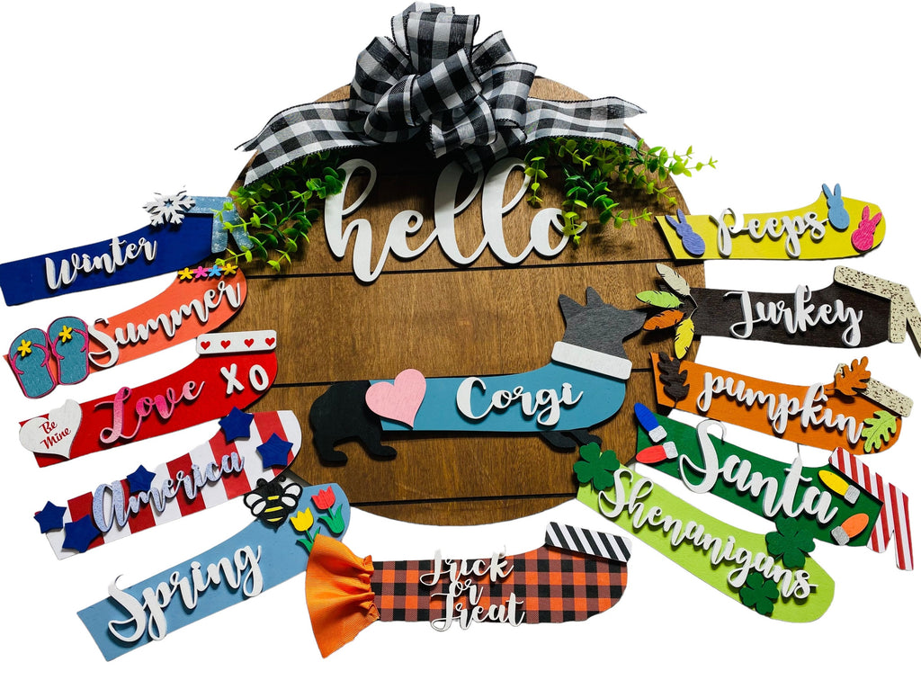 Hello Corgi - Long Dog - Interchangeable Holidays Seasons - Large Round Wooden Shiplap Door Hanger / Wreath/Sign - Gift Mom