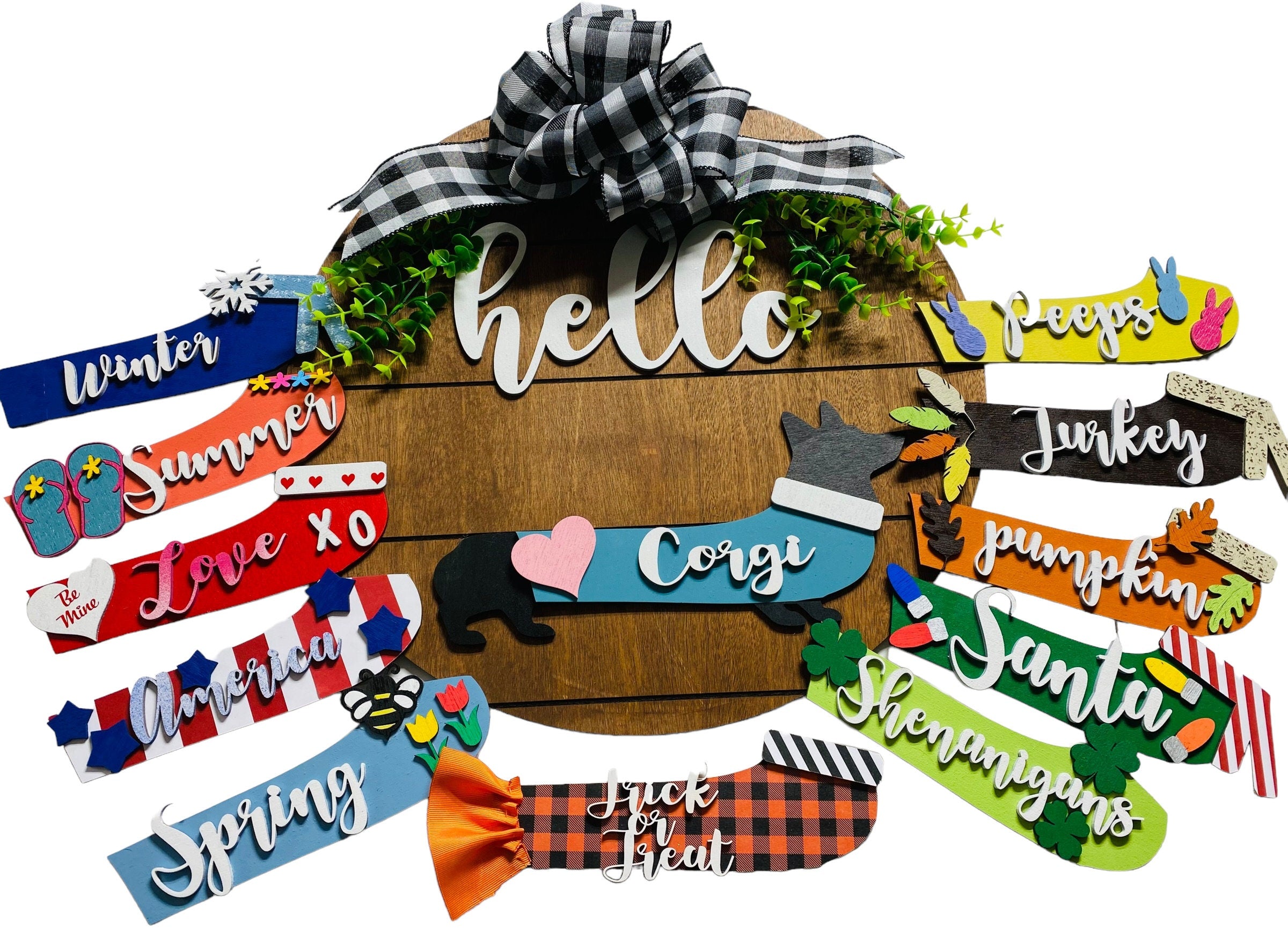 Hello Corgi - Long Dog - Interchangeable Holidays Seasons - Large Round Wooden Shiplap Door Hanger / Wreath/Sign - Gift Mom