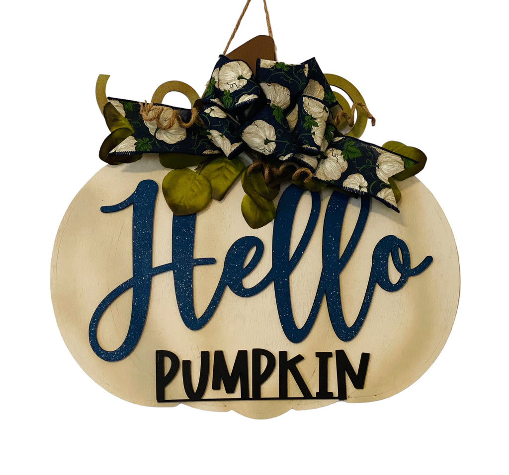Fall  - Off White - Hello Pumpkin -  18"  Pumpkin Shaped - Wooden Autumn Door Sign / Wreath