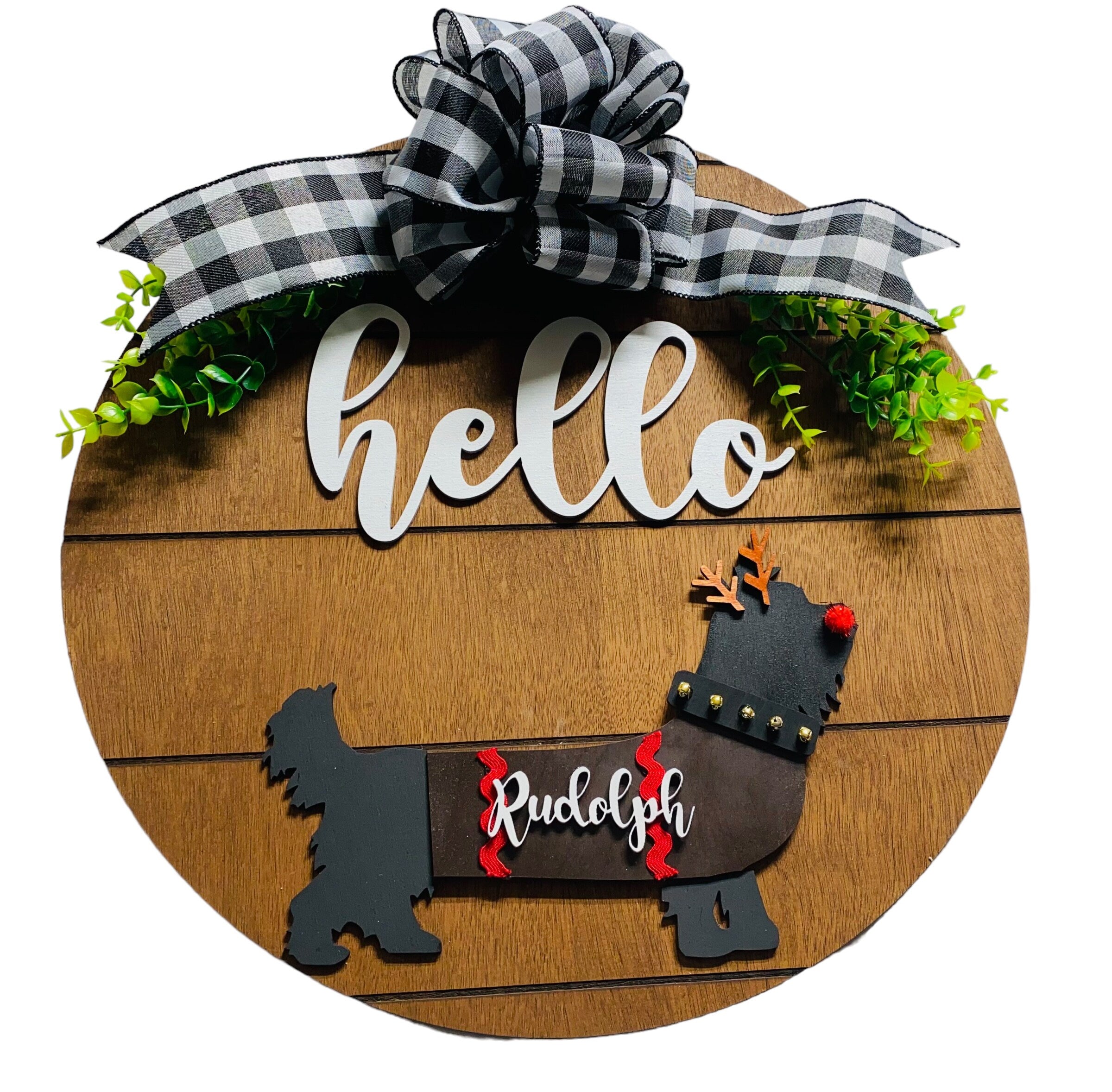 Add on Outfit for Schnauzer Boston Yorkie Frenchie Pug  - Rudolph Reindeer - Dog Large Round Wooden Shiplap Door Hanger / Wreath / Sign