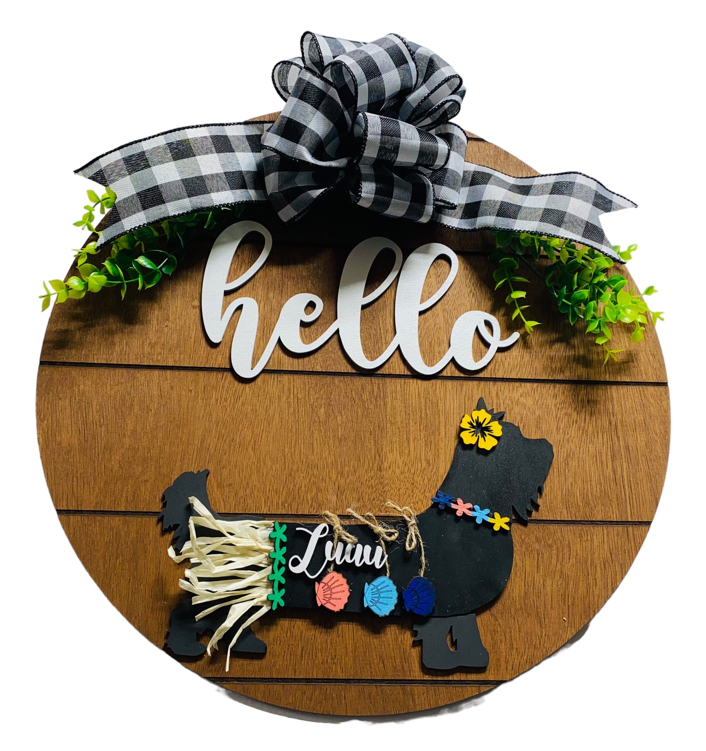 Add on Outfit for Yorkie Frenchie Pug - Luau Hula -  Dog - Large Round Wooden Shiplap Door Hanger / Wreath / Sign