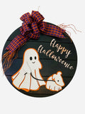 Ghost Walking Dachshund - Doxie - Weiner Dog - Happy Halloweenie - Halloween - Wooden Door - Sign / Wreath
