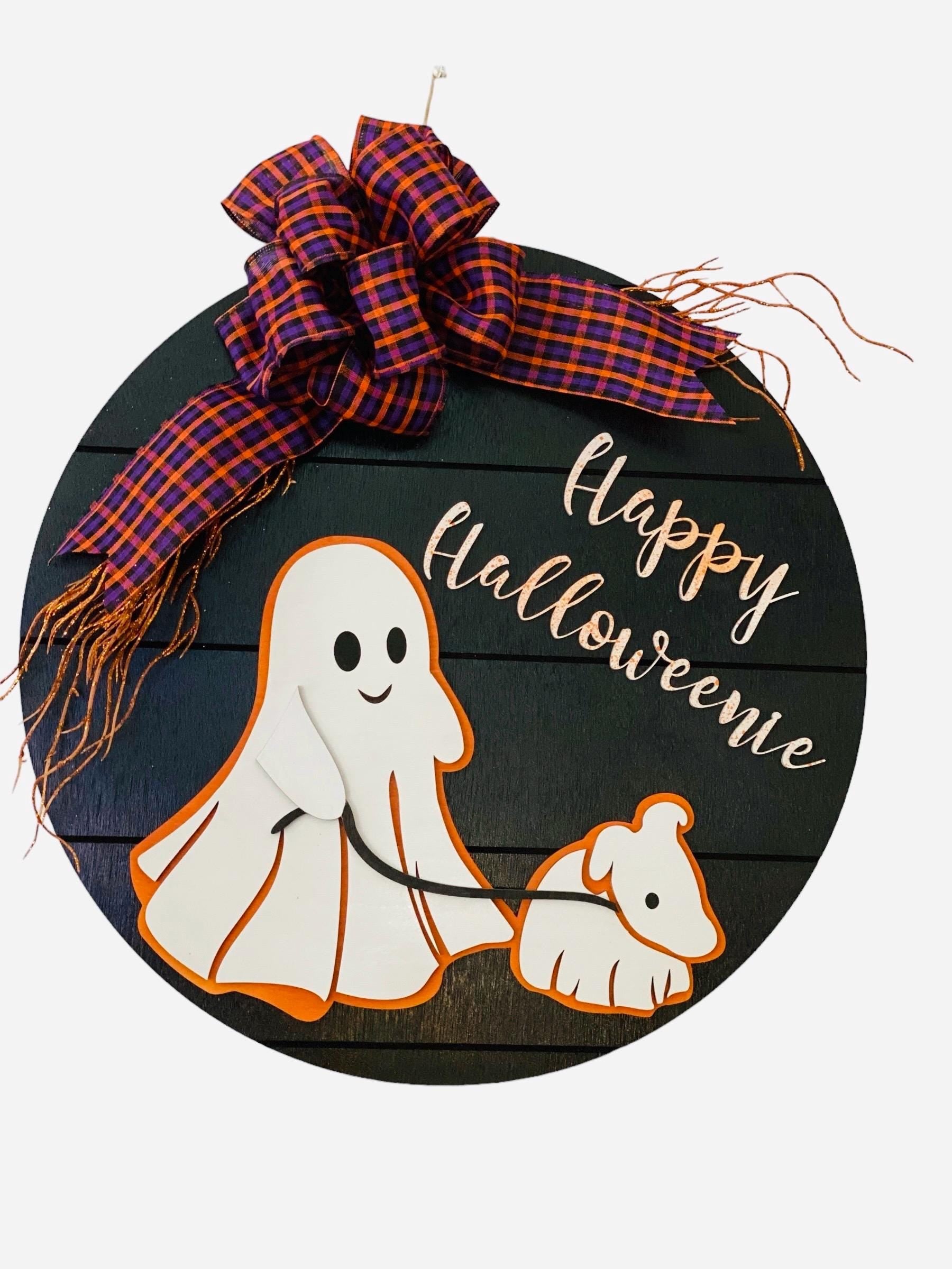 Ghost Walking Dachshund - Doxie - Weiner Dog - Happy Halloweenie - Halloween - Wooden Door - Sign / Wreath