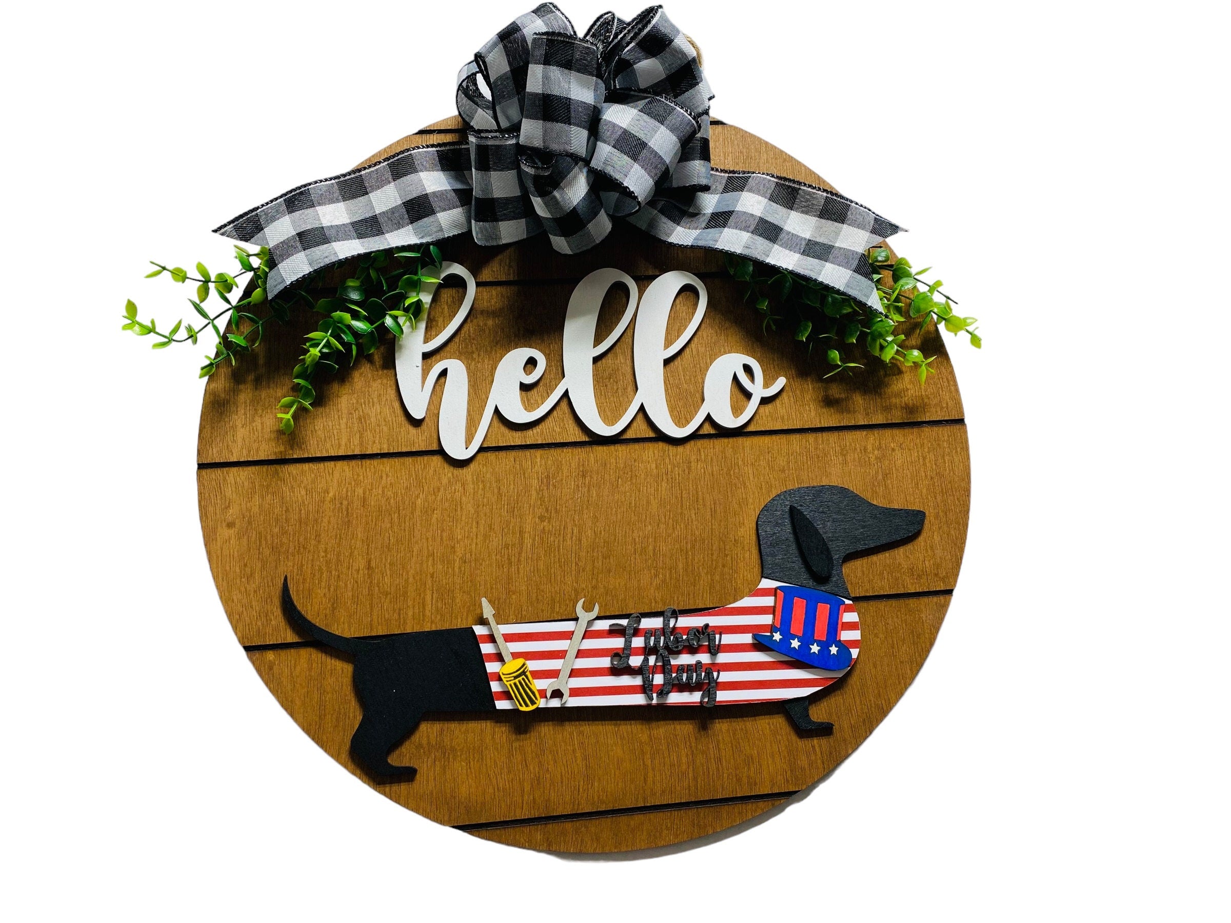 Add on Outfit for Dachshund Doxie - Labor Day - Weiner Dog - Large Round Wooden Shiplap Door Hanger / Wreath / Sign