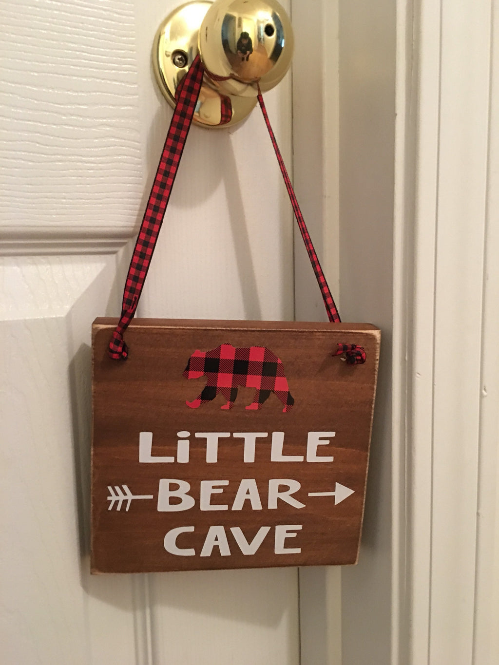 Brown | Rustic | Little Bear Cave | Buffalo Plaid | Wooden | Door Sign | Door Hanger| Little Boys Room | Nursery