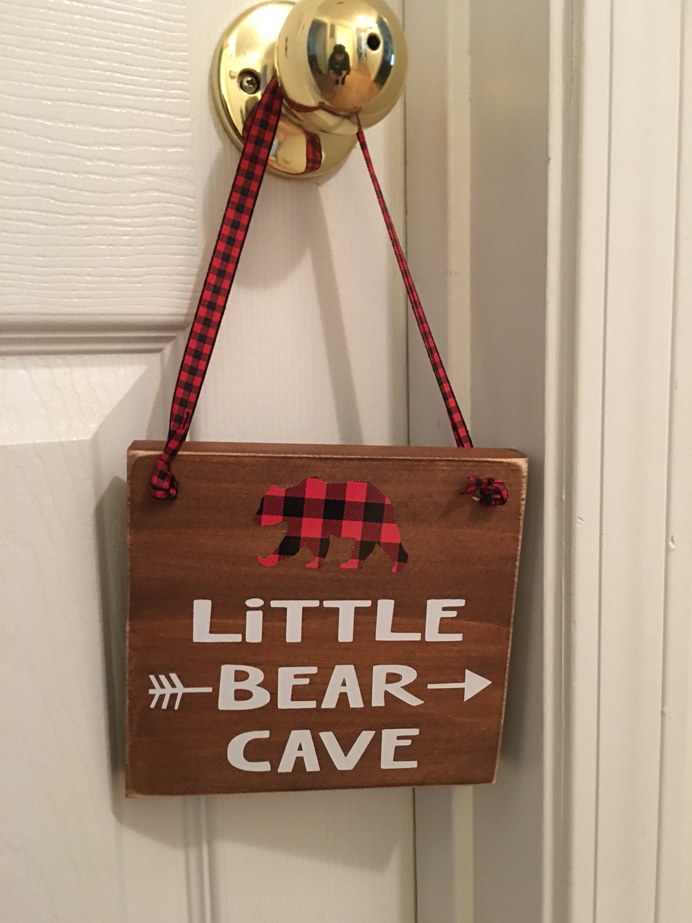 Brown | Rustic | Little Bear Cave | Buffalo Plaid | Wooden | Door Sign | Door Hanger| Little Boys Room | Nursery