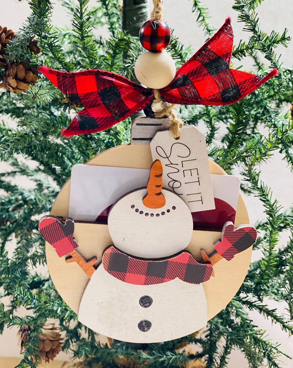 Let It Snow - Snowman -  Christmas Money or Gift Card Holder - Wooden Ornament