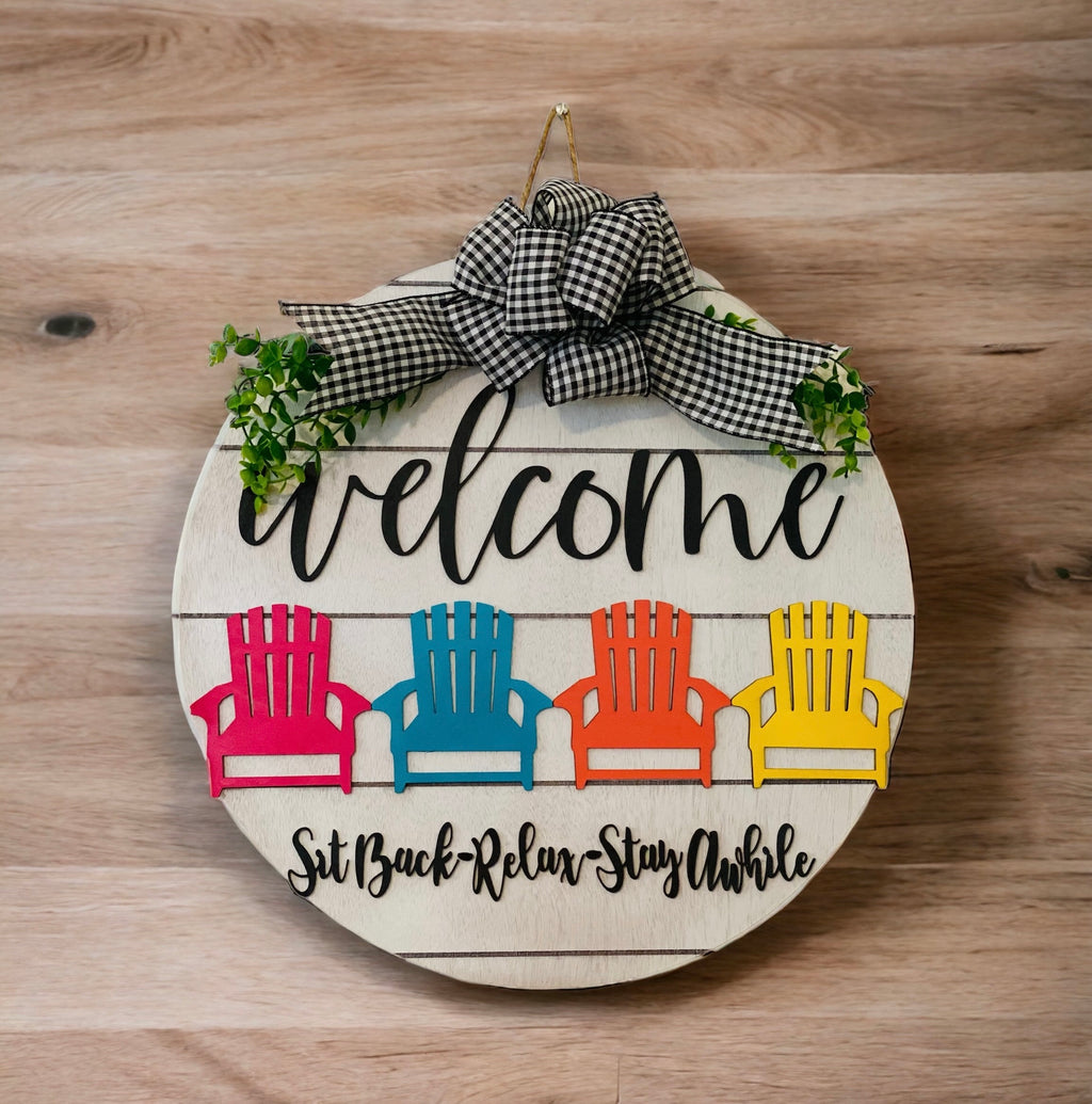 18" Round | Wooden | Summer | Adirondack Chairs | Pool | Porch Door Sign / Wreath
