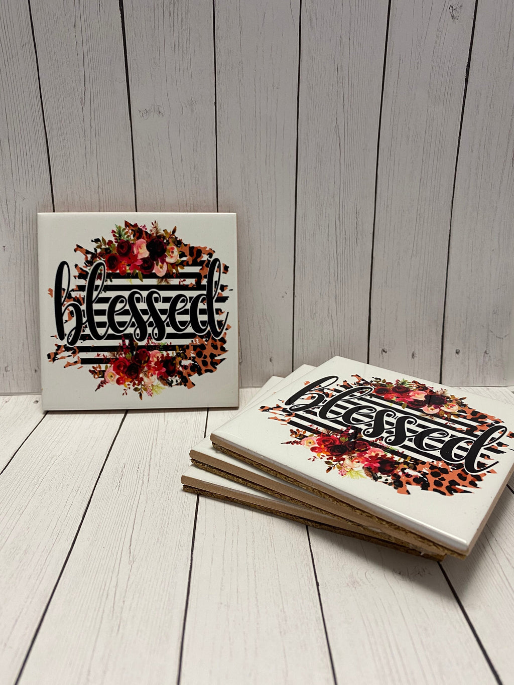 Blessed - Set of 4 - Tile Coasters - Gift Present for Wedding
