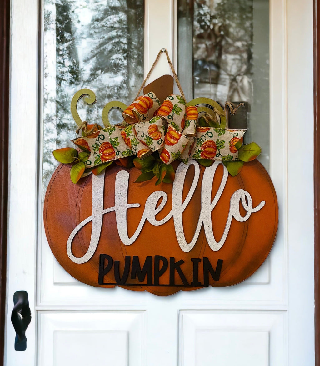 Fall  - Hello Pumpkin -  18"  Pumpkin Shaped - Wooden Autumn Door Sign / Wreath