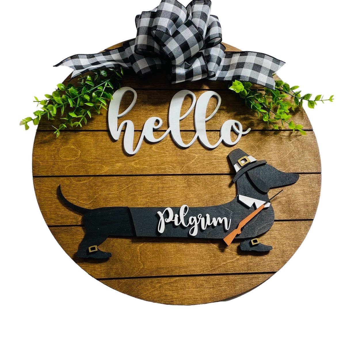 Add on Outfit for Dachshund Doxie - Thanksgiving - Pilgrim - Weiner Dog - Large Round Wooden Shiplap Door Hanger/Wreath/Sign