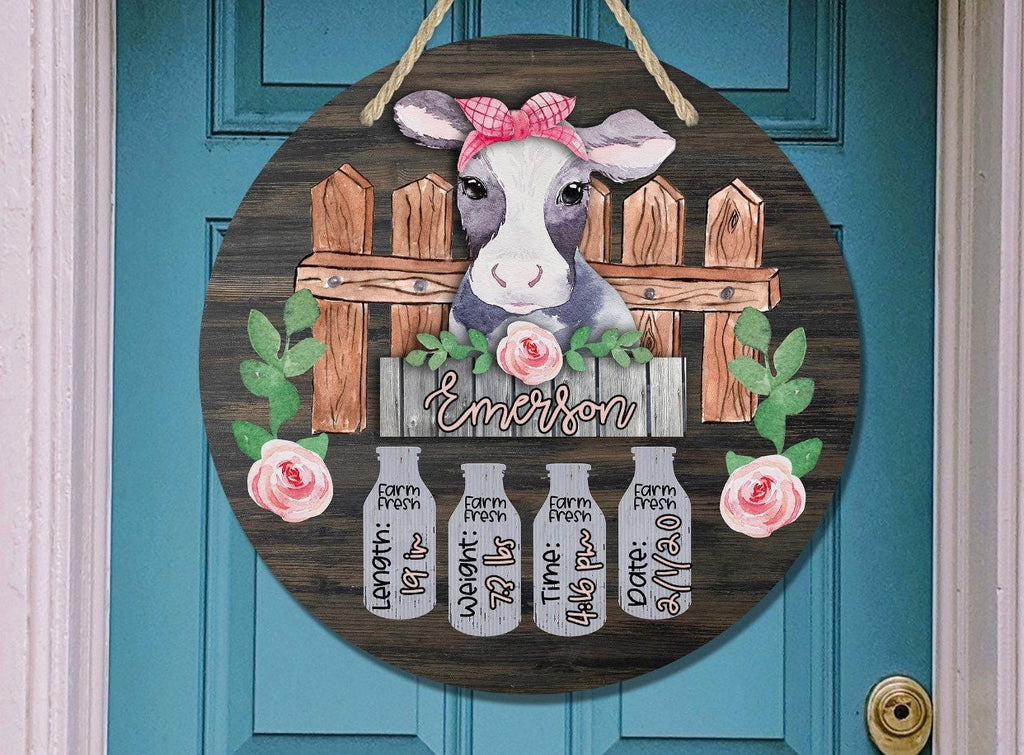 Girly - Farm Nursery - Hospital Room - Personalized - Roses - Cow and Milk Jugs - Baby Shower Gift - Door Sign / Wreath