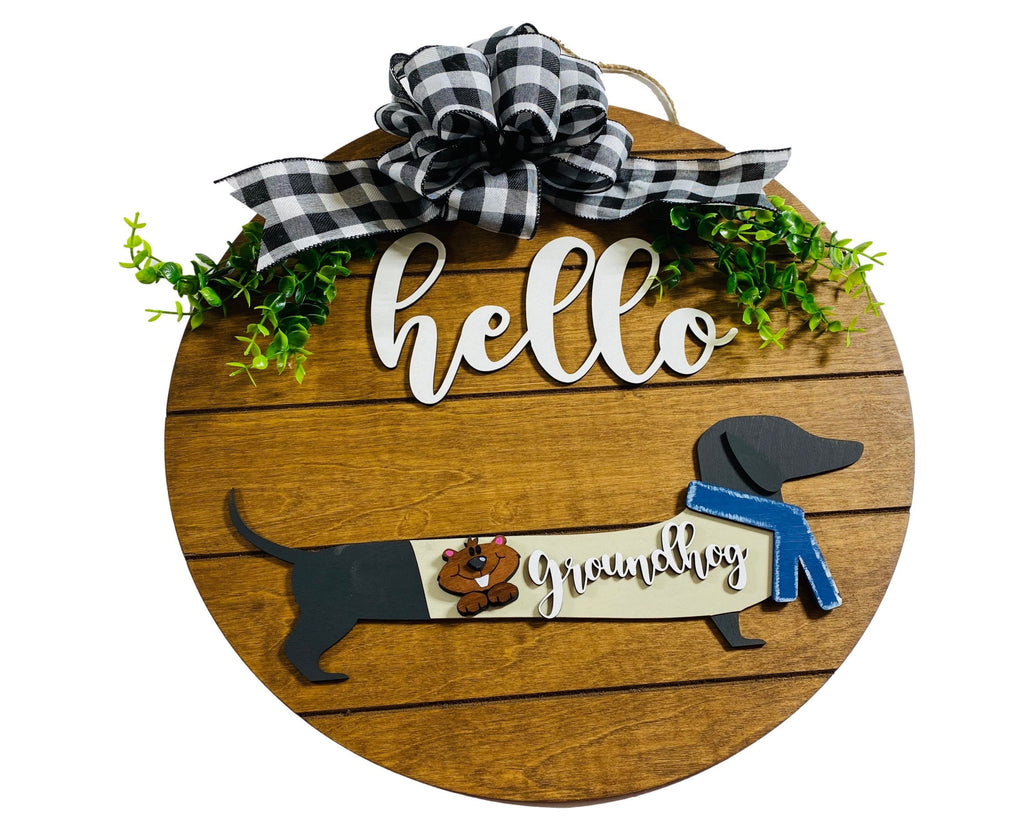 Add on Outfit for Dachshund Doxie - Groundhog Day - Weiner Dog - Large Round Wooden Shiplap Door Hanger / Wreath / Sign