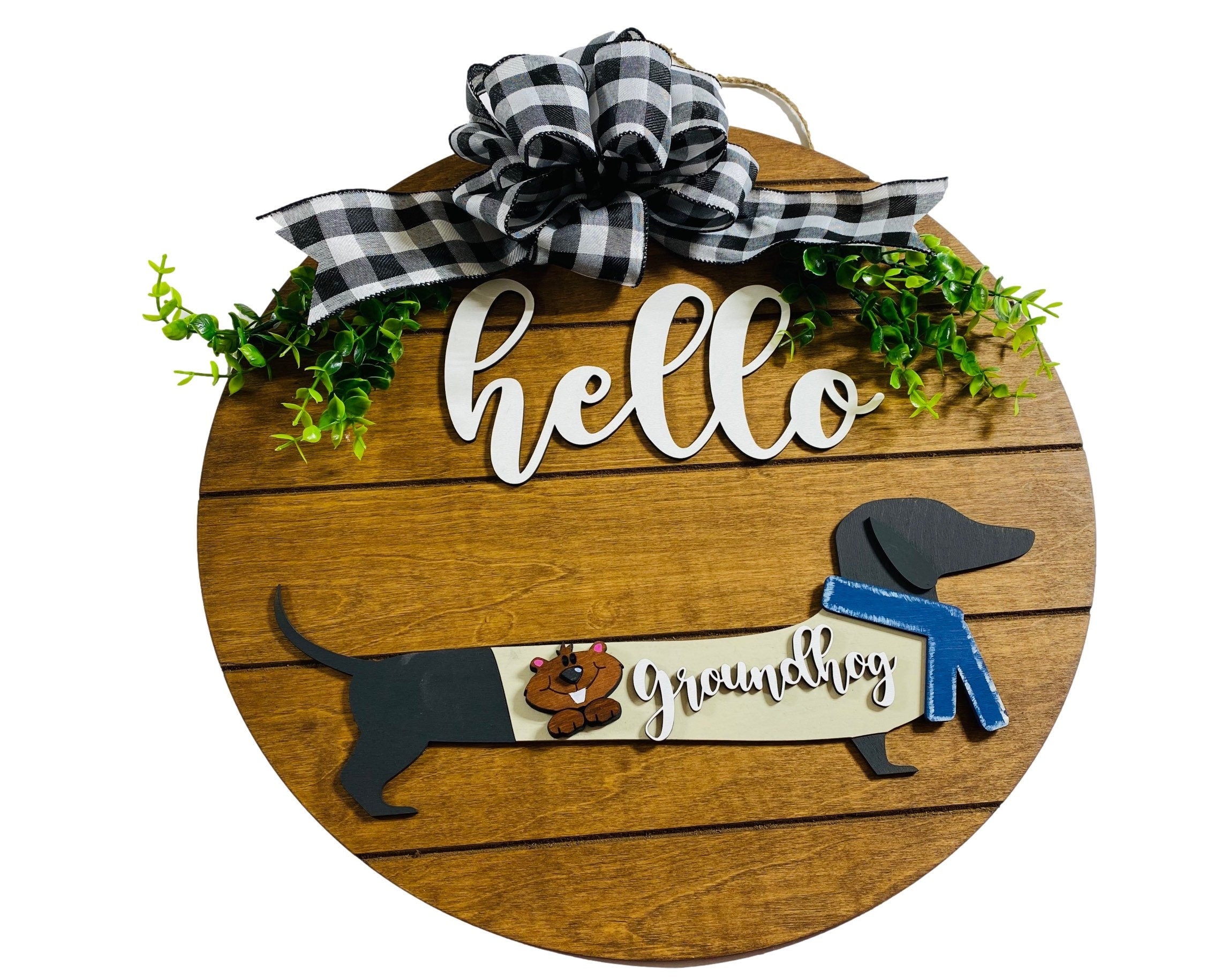 Add on Outfit for Dachshund Doxie - Groundhog Day - Weiner Dog - Large Round Wooden Shiplap Door Hanger / Wreath / Sign