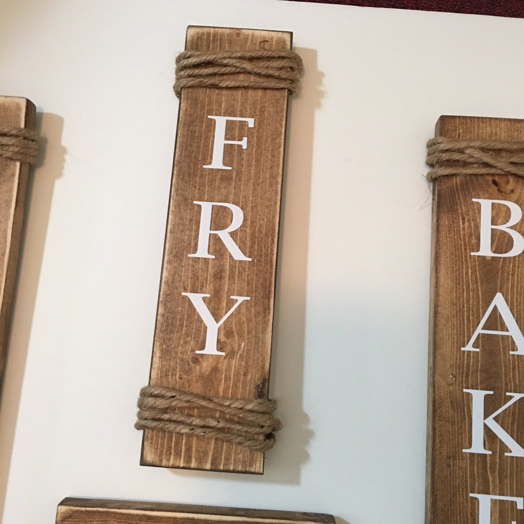 Rustic Set of 4 Wooden Kitchen Signs Cook / Fry / Bake / Enjoy