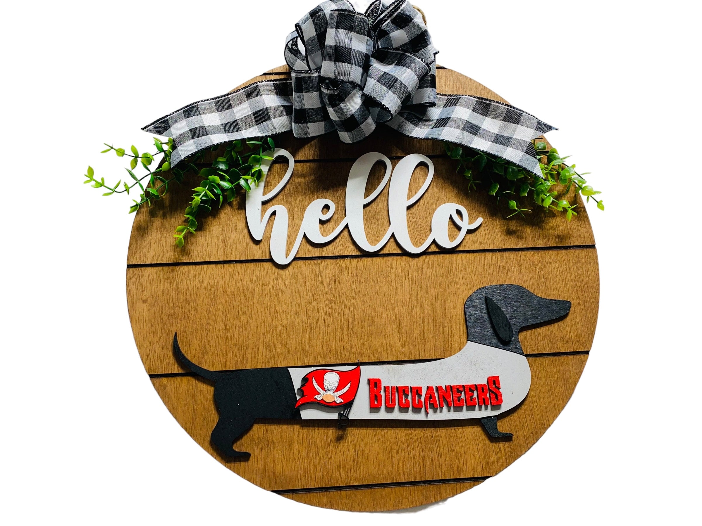 Add on Outfit for Dachshund Doxie - Tampa Bay Buccaneers - Football - Weiner Dog - Large Round Wooden Shiplap Door Hanger / Wreath / Sign