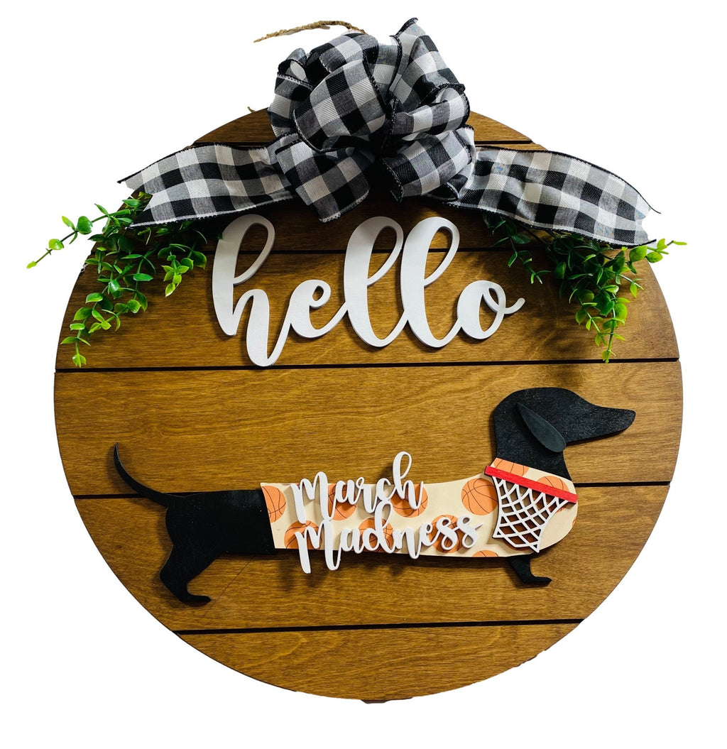 Add on Outfit for Dachshund Doxie - Basketball / March Madness - Weiner Dog - Large Round Wooden Shiplap Door Hanger / Wreath / Sign
