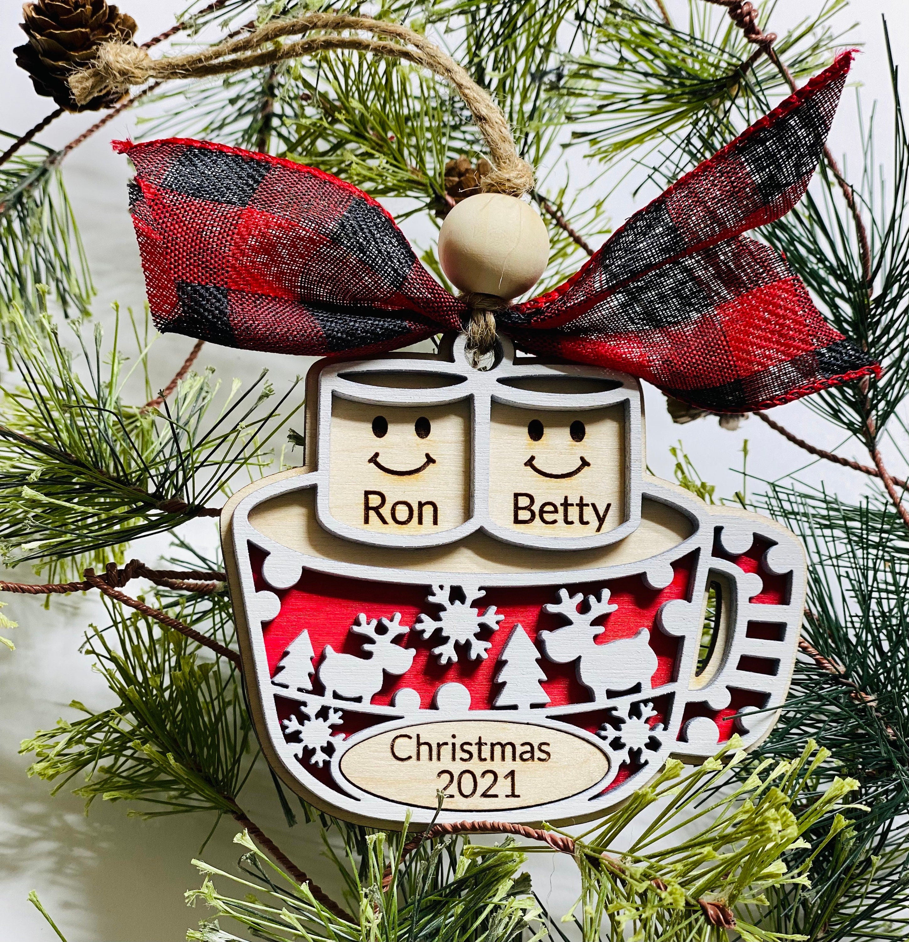 Personalized Marshmallows - Hot Cocoa Mug - Layered Wooden - Tree - Ornament