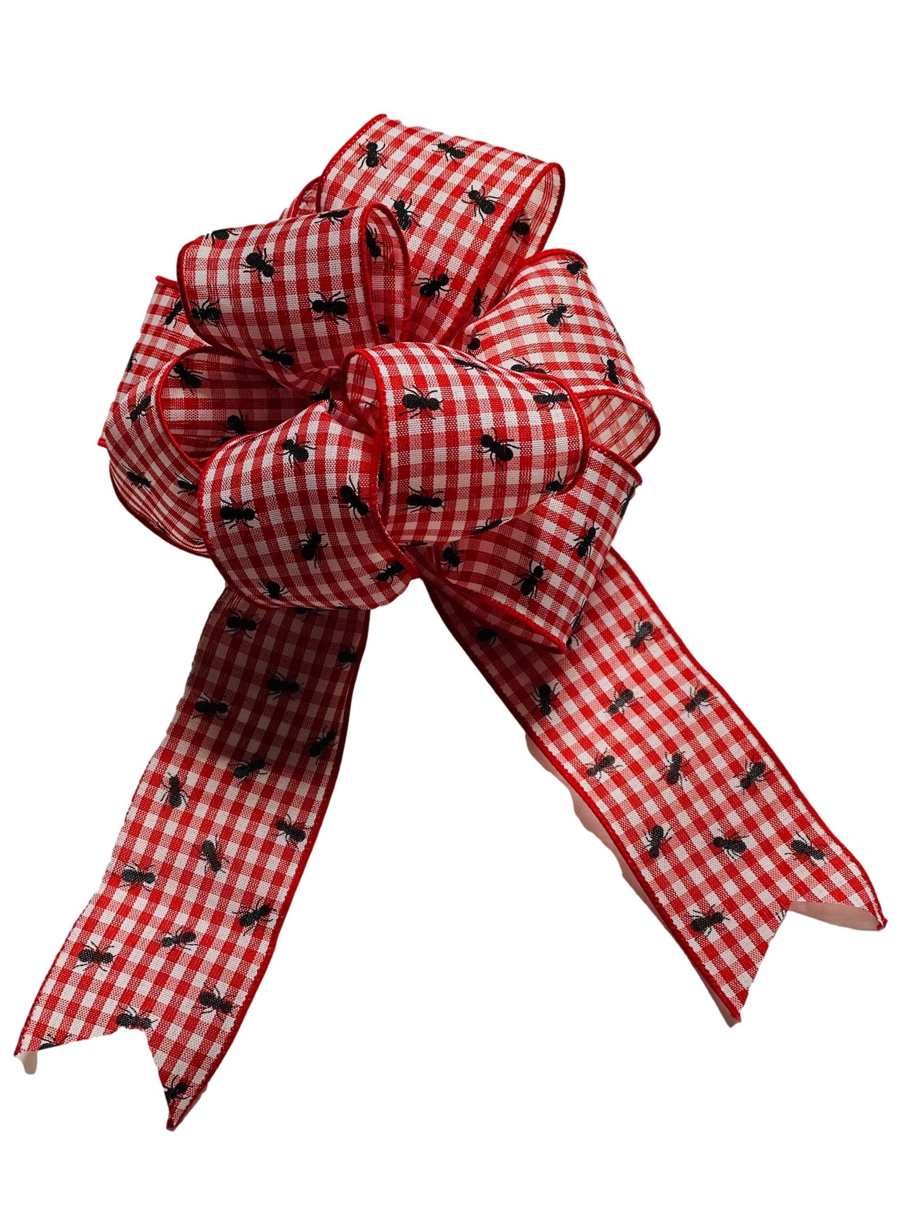 Red / White Gingham -  Ants - BBQ - Spring Summer - Add On Bow for Wreaths or Signs - Puffy Fluffy Bow for Gift or Present