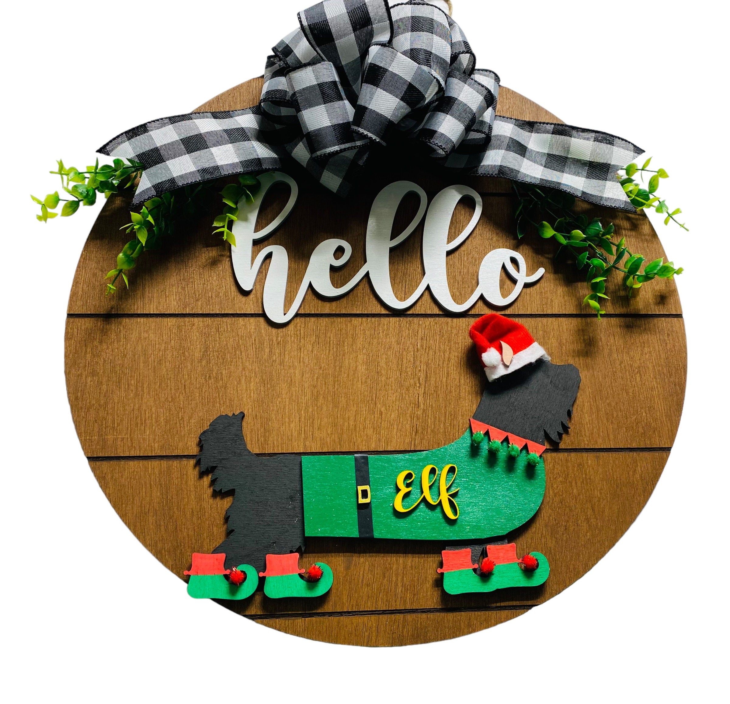 Add on Outfit for  Yorkie Frenchie Pug - Elf - Dog - Large Round Wooden Shiplap Door Hanger / Wreath / Sign