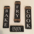 Rustic Set of 4 Black Wooden Kitchen Signs Cook / Fry / Bake / Enjoy