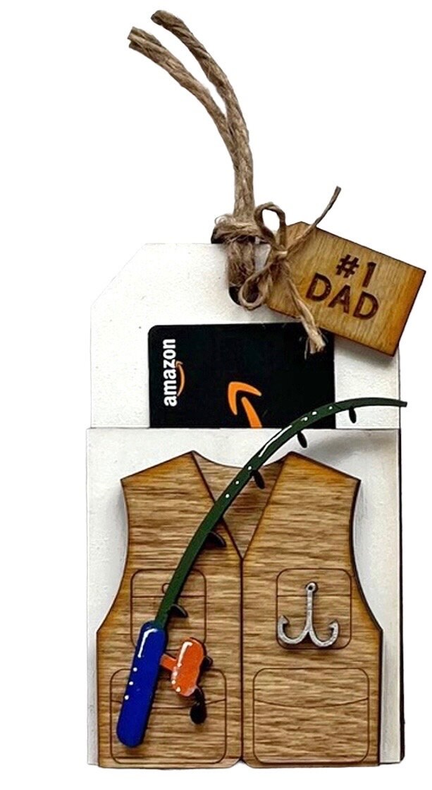 Dad - Fishing Vest  - Happy Father’s Day - Gift Card Money  Holder - Wooden Gift Present for Him