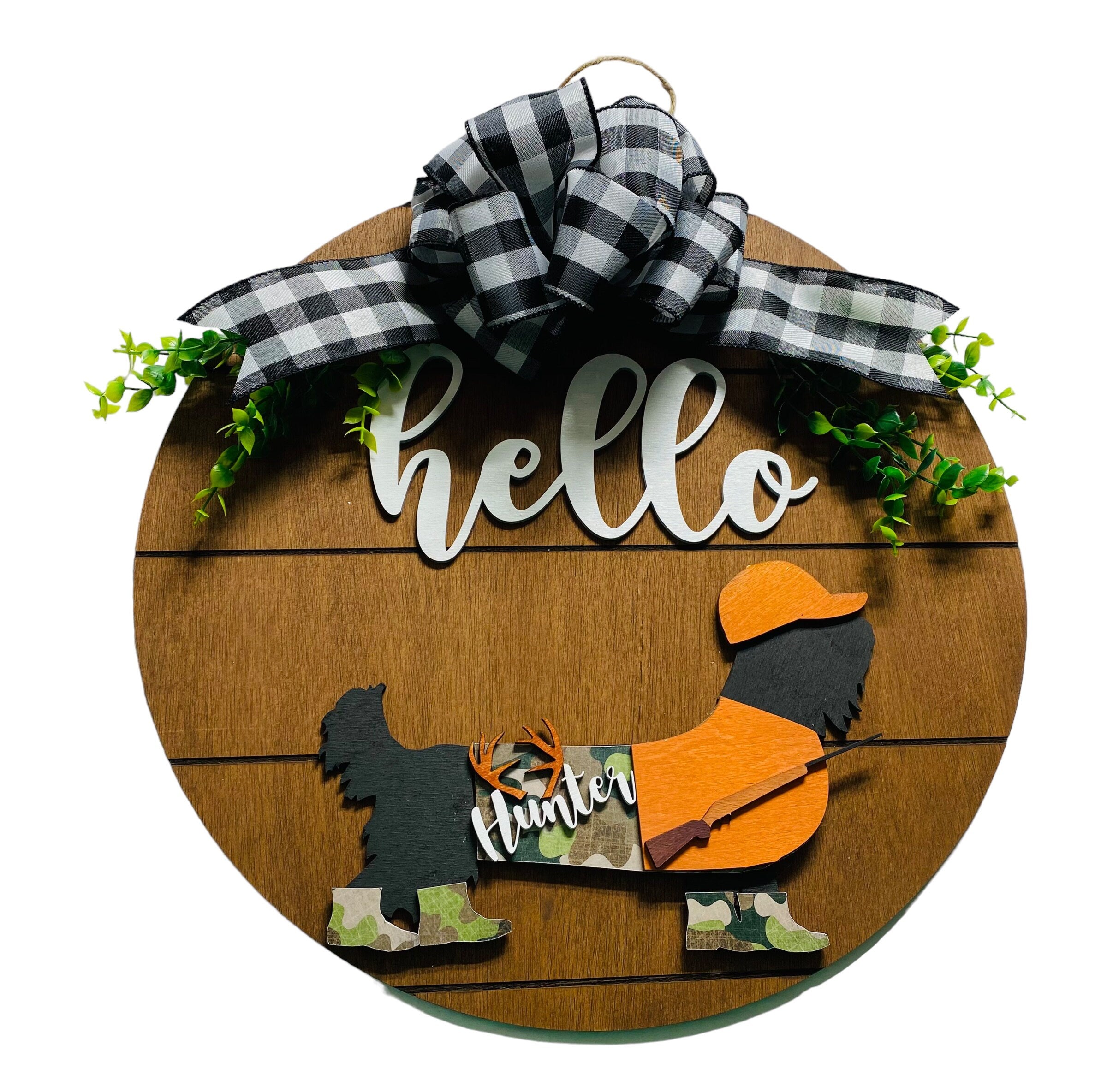 Add on Outfit for  Yorkie Frenchie Pug - Hunter - Dog - Large Round Wooden Shiplap Door Hanger / Wreath / Sign